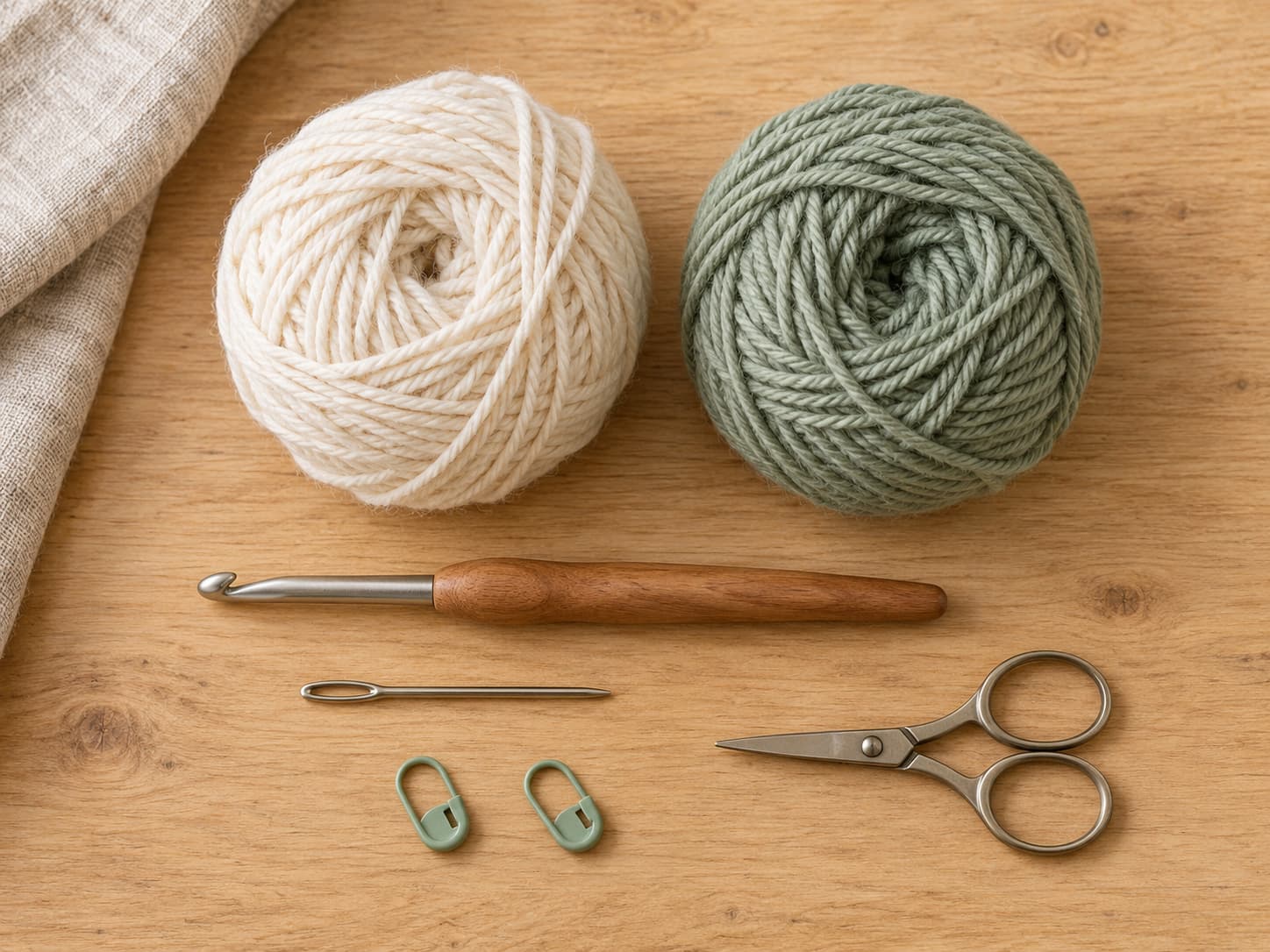 Worsted yarn, 6 mm crochet hook, tapestry needle, scissors, and locking markers for a scarf