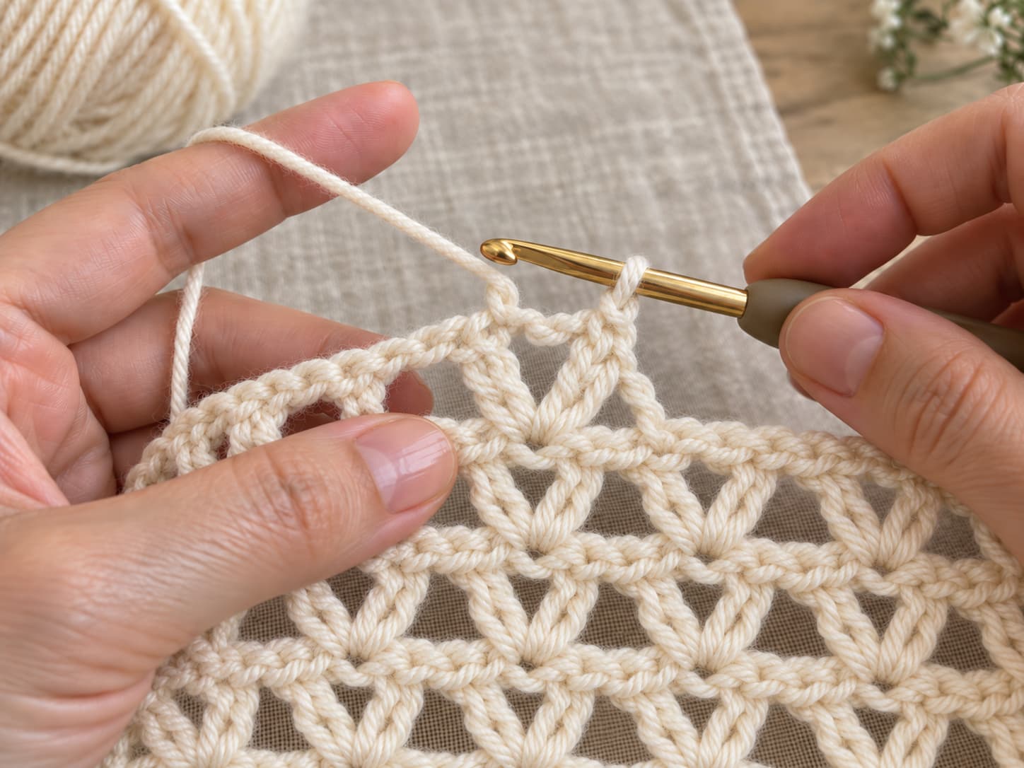 Hands working two double crochets and one chain into a V-stitch chain space