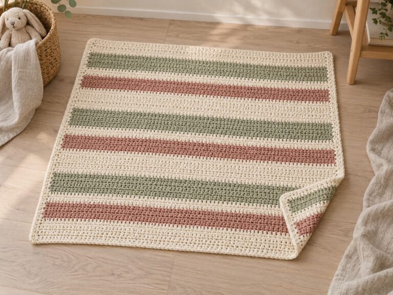 Finished easy crochet baby blanket in warm ivory, muted sage, and clay rose stripes