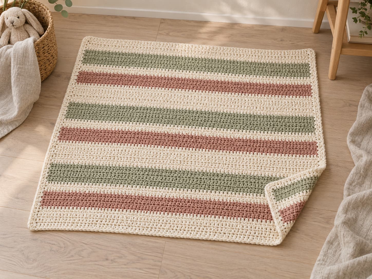 Finished easy crochet baby blanket in warm ivory, muted sage, and clay rose stripes