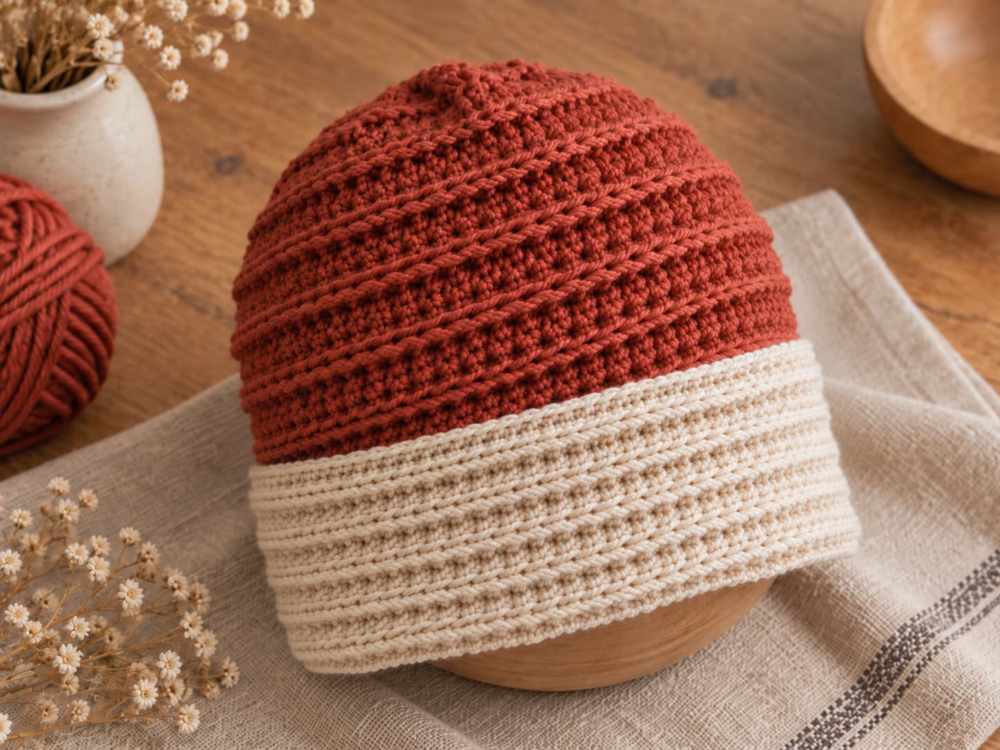 Muted rust and cream crochet beanie gently shaped over a smooth round form with the cream cuff unfolded for blocking