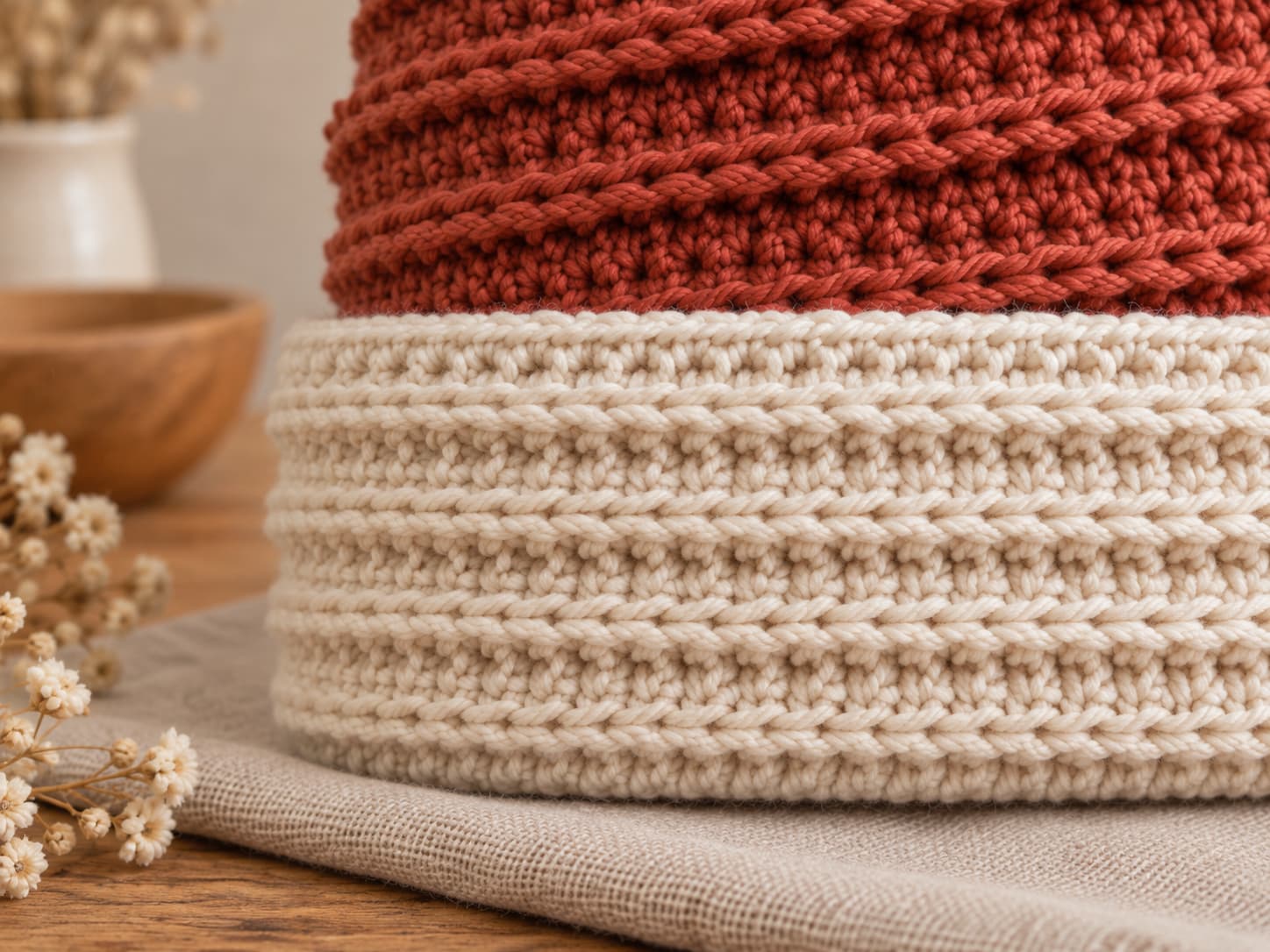 Folded cream cuff on a rust crochet beanie showing horizontal back-loop-only ridges