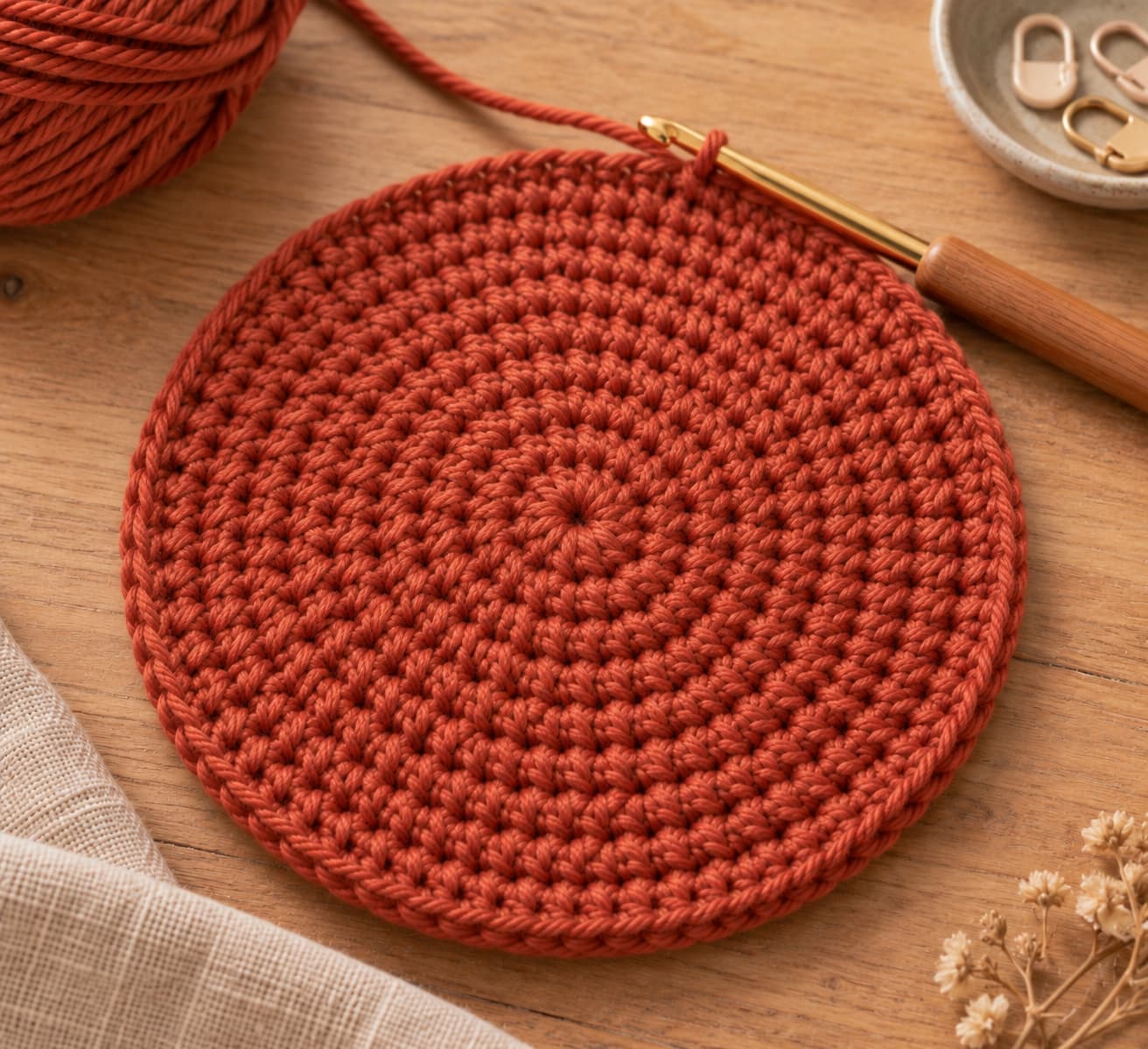 Crochet beanie crown in progress with evenly spaced single crochet increase rounds in muted rust yarn