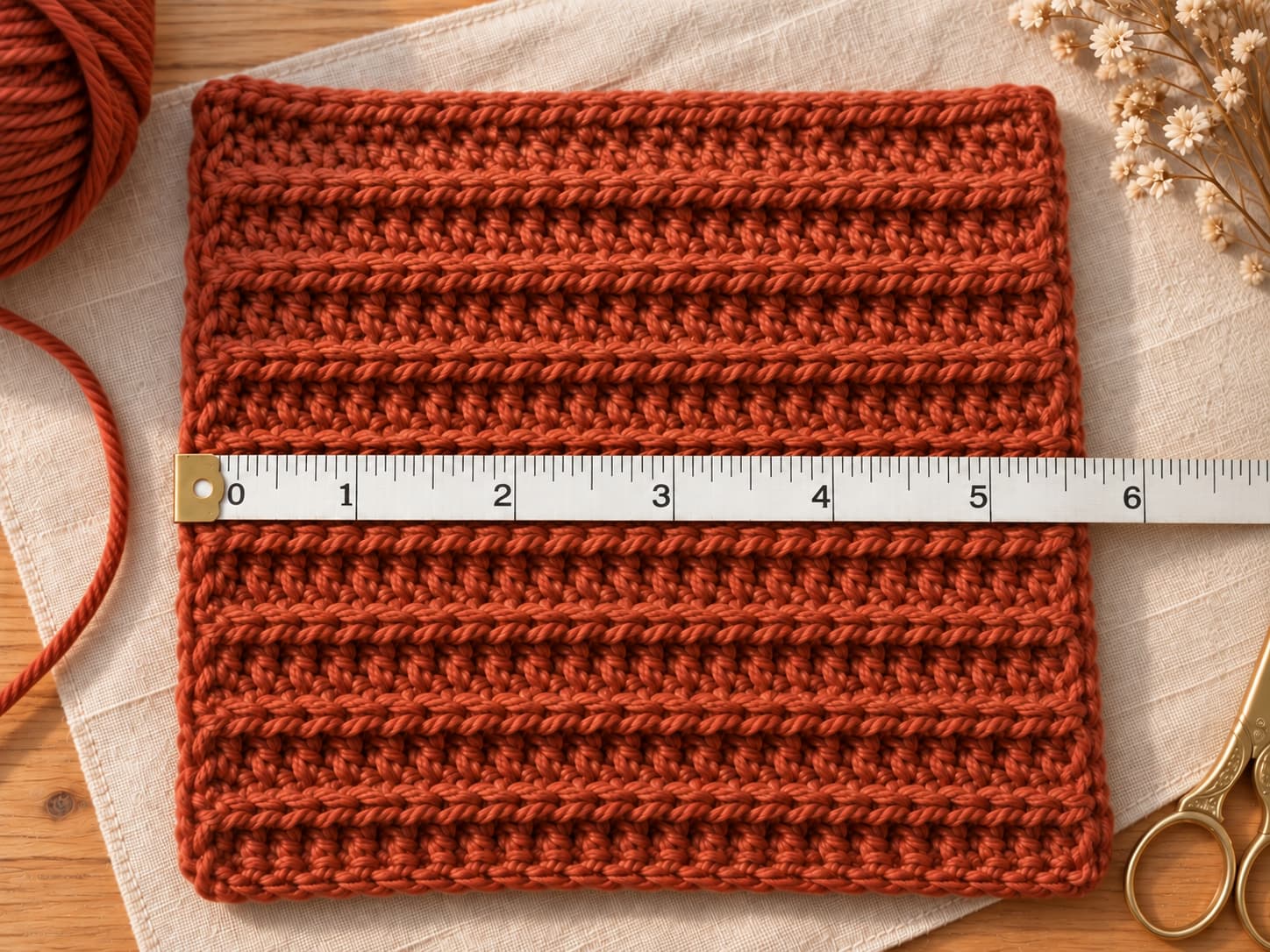 Muted rust Ridgeline Stitch gauge swatch measured across four inches with a tape measure
