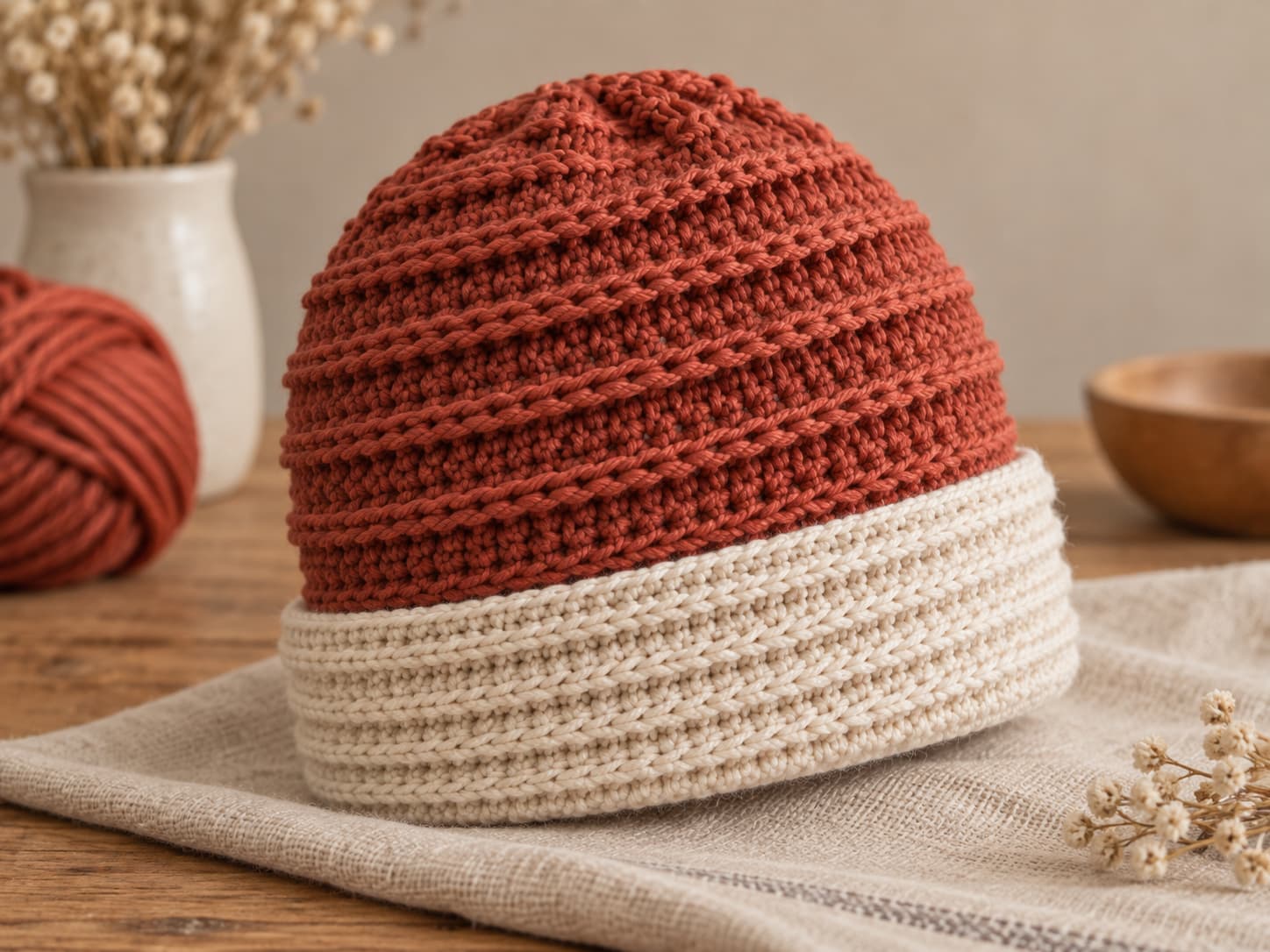 Side view of a muted rust crochet beanie showing evenly spaced horizontal Ridgeline Stitch texture