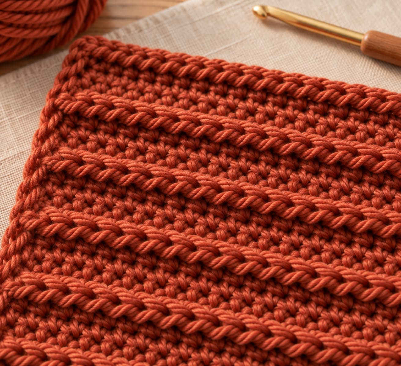 Close-up of Ridgeline Stitch showing alternating back-loop-only ridges and compact single crochet rounds in muted rust yarn