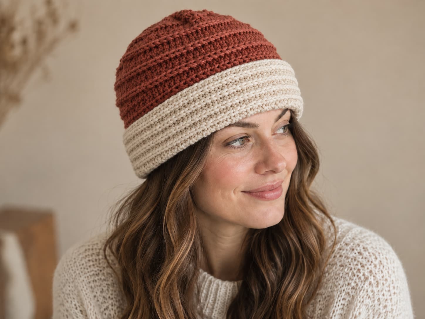Finished easy crochet beanie in muted rust with horizontal Ridgeline texture and a folded cream cuff worn on an adult model