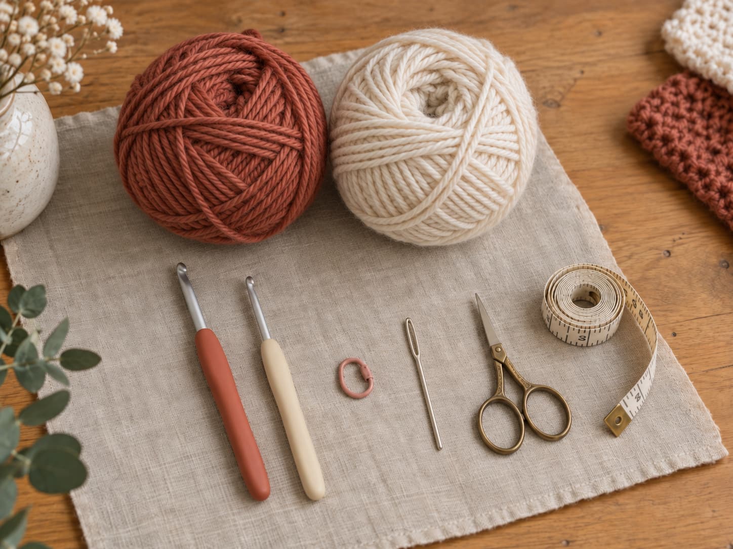 Muted rust and cream worsted yarn with crochet hooks, stitch marker, blunt tapestry needle, scissors, and tape measure