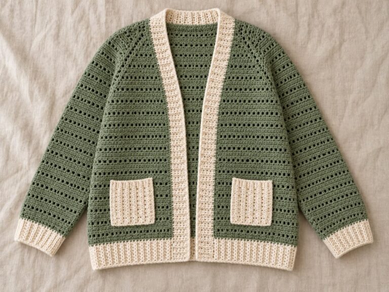 Easy crochet cardigan in warm sage with cream ribbing, Meadow Stripe texture, open front, and patch pockets on natural linen