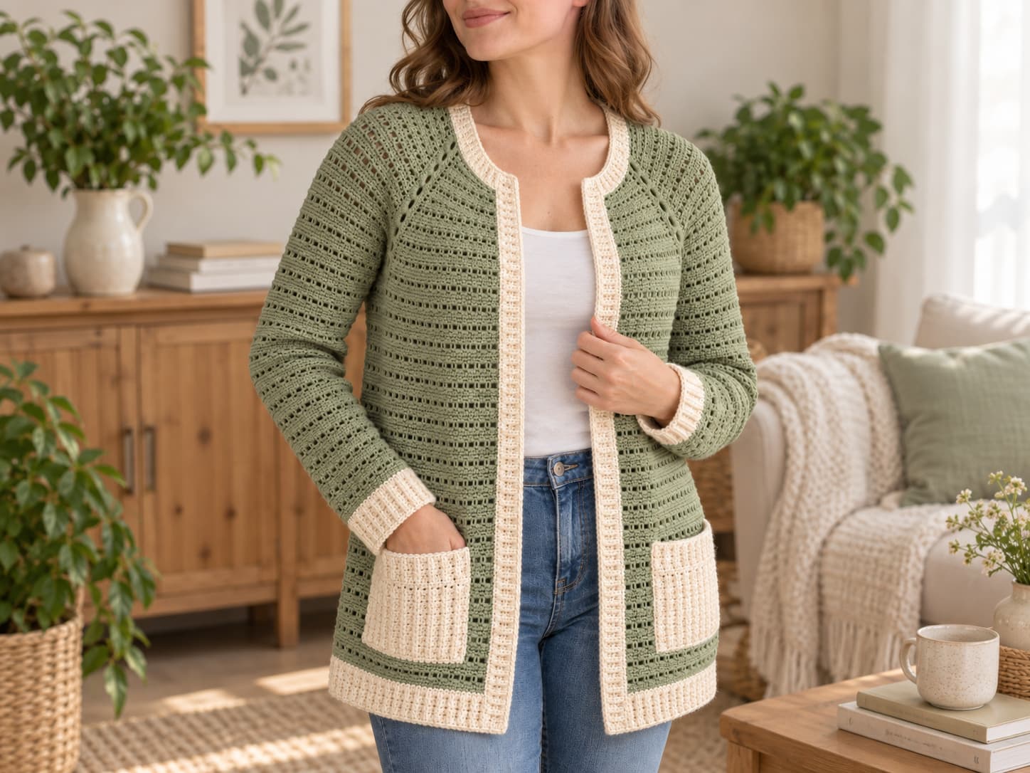 Finished easy crochet cardigan in warm sage with cream ribbing worn open over a neutral top, showing drape, patch pockets, and rolled collar.