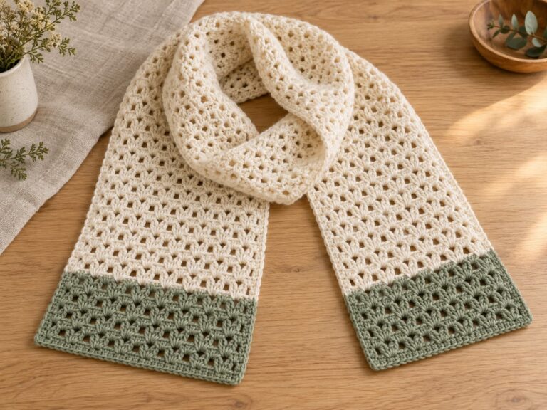 Finished easy crochet scarf in warm ivory V-stitch with muted sage end bands.