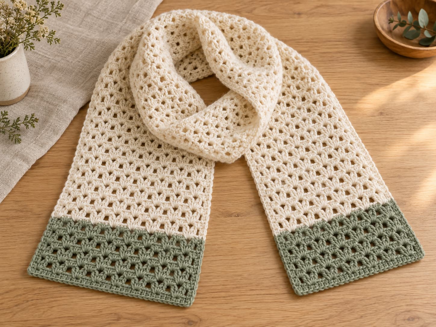 Finished easy crochet scarf in warm ivory V-stitch with muted sage end bands