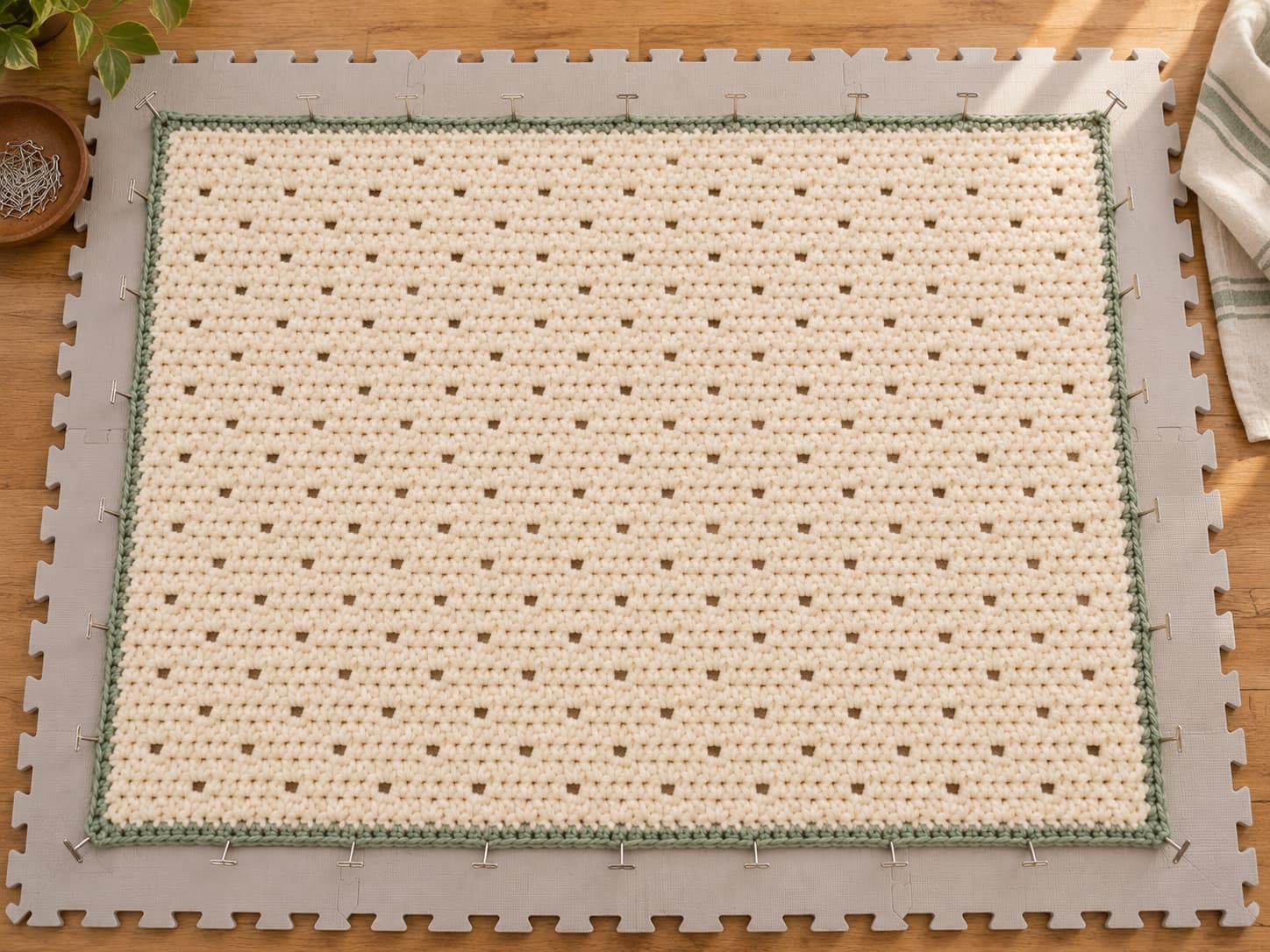 Easy crochet throw blanket pinned flat on blocking mats with cream body and sage border shaped to finished dimensions
