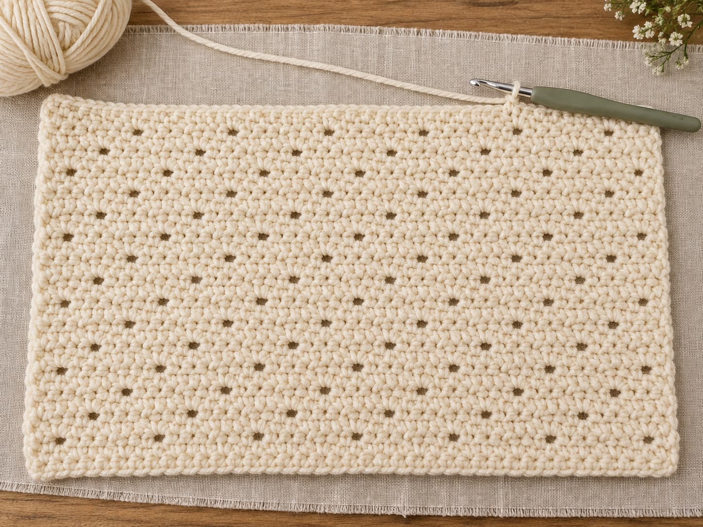 Garden Path crochet throw blanket body in progress with warm cream yarn and straight edges