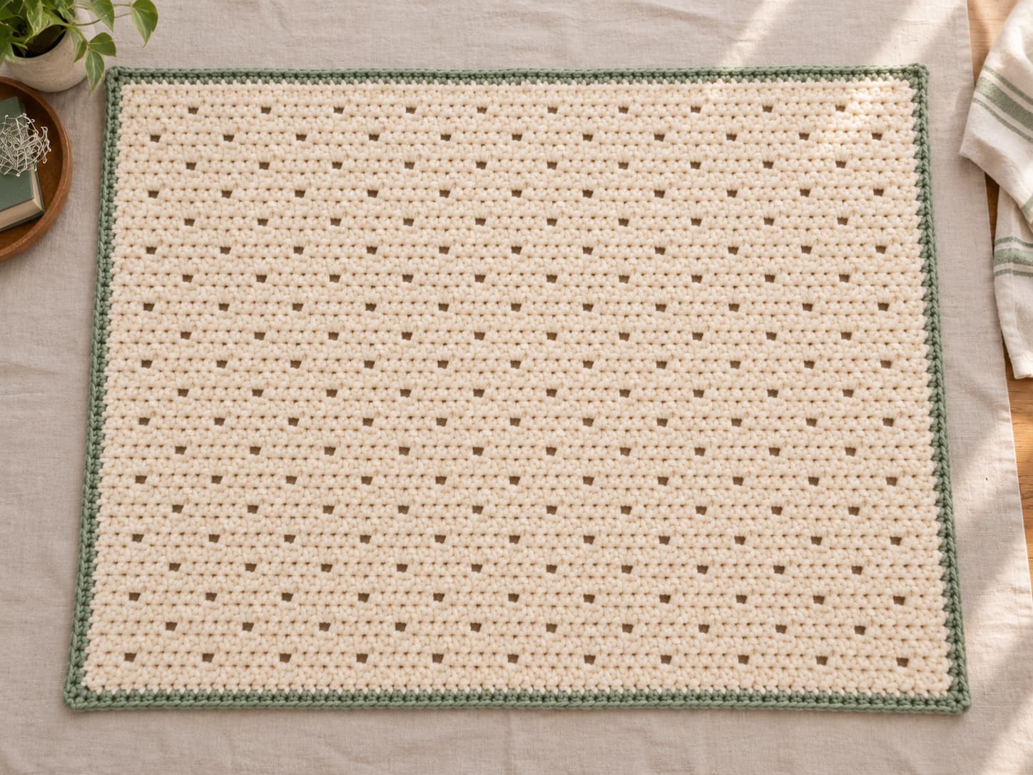 Finished easy crochet throw blanket laid flat after blocking with Garden Path texture and soft sage border