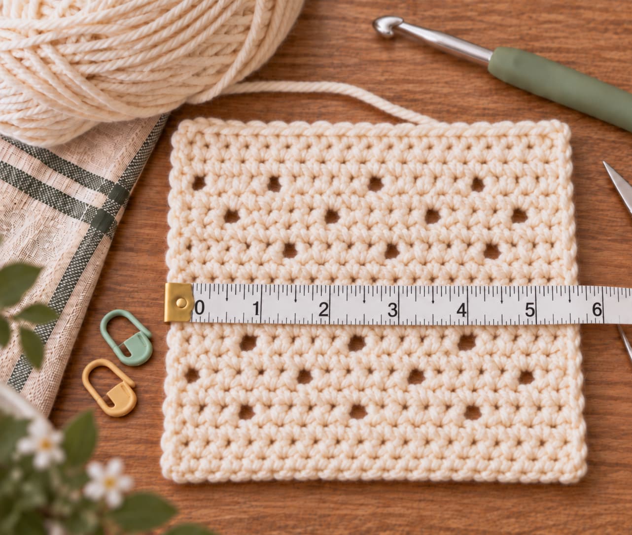 Garden Path gauge swatch in warm cream worsted yarn measured across four inches