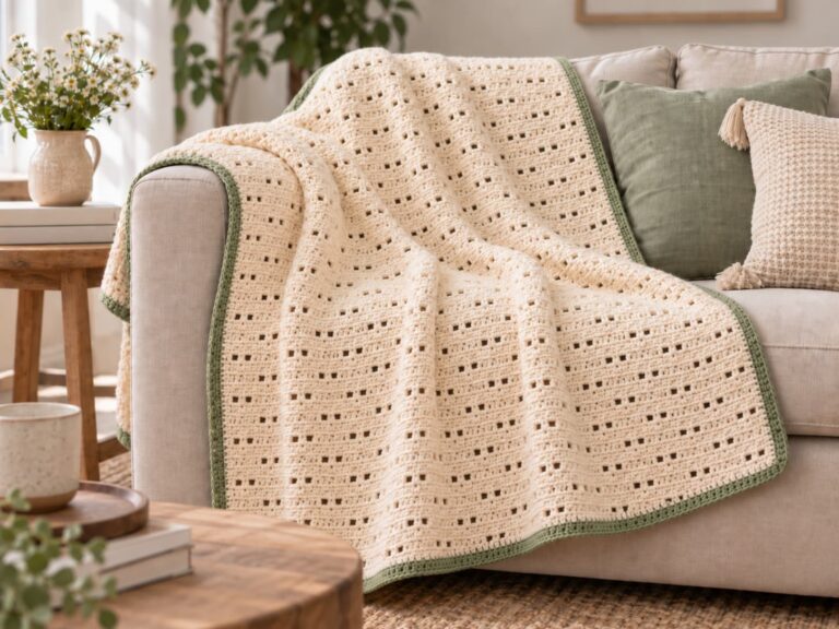 Finished easy crochet throw blanket in warm cream with a soft sage border draped over a neutral sofa.