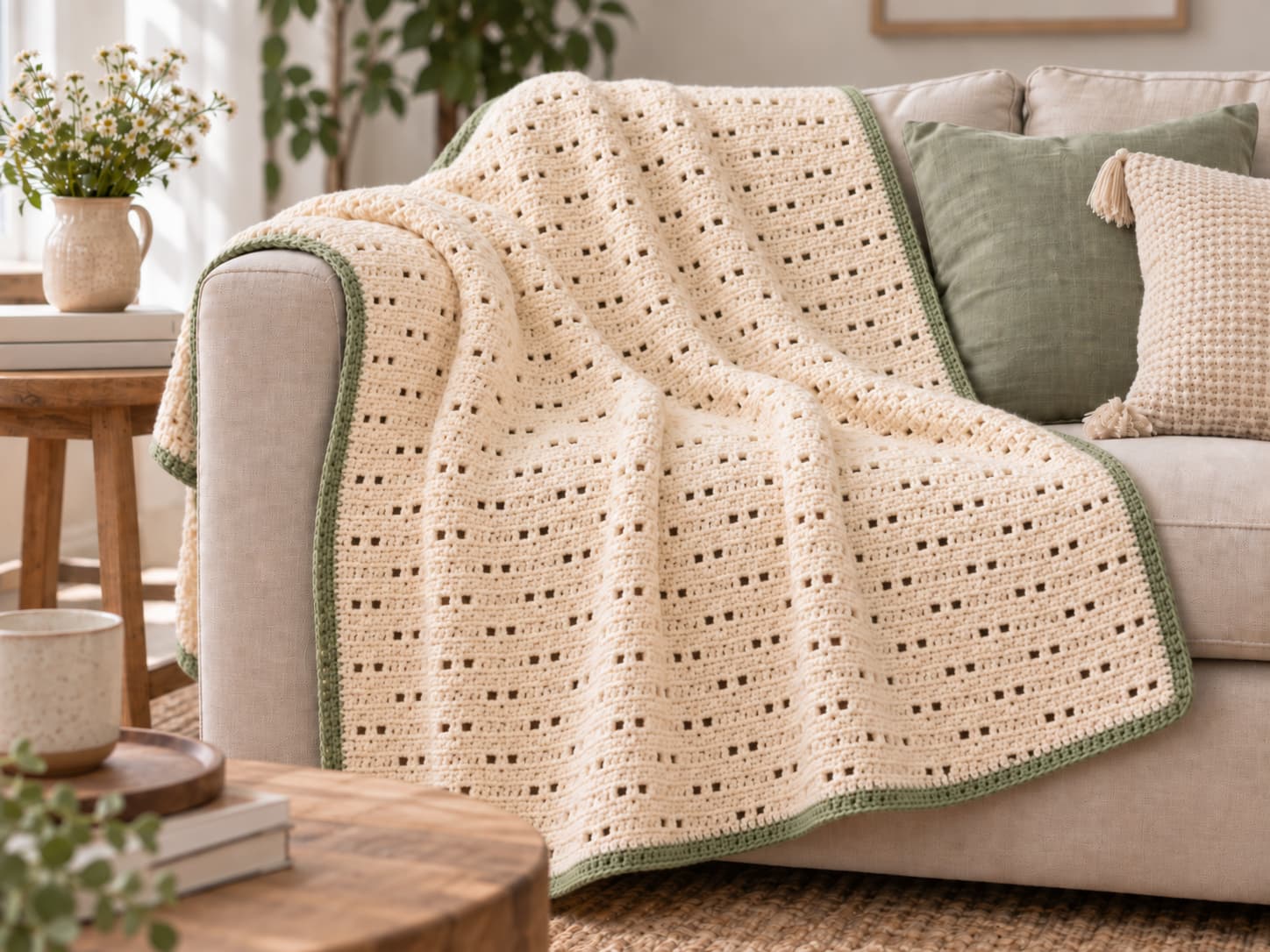 Finished easy crochet throw blanket in warm cream with a soft sage border draped over a neutral sofa