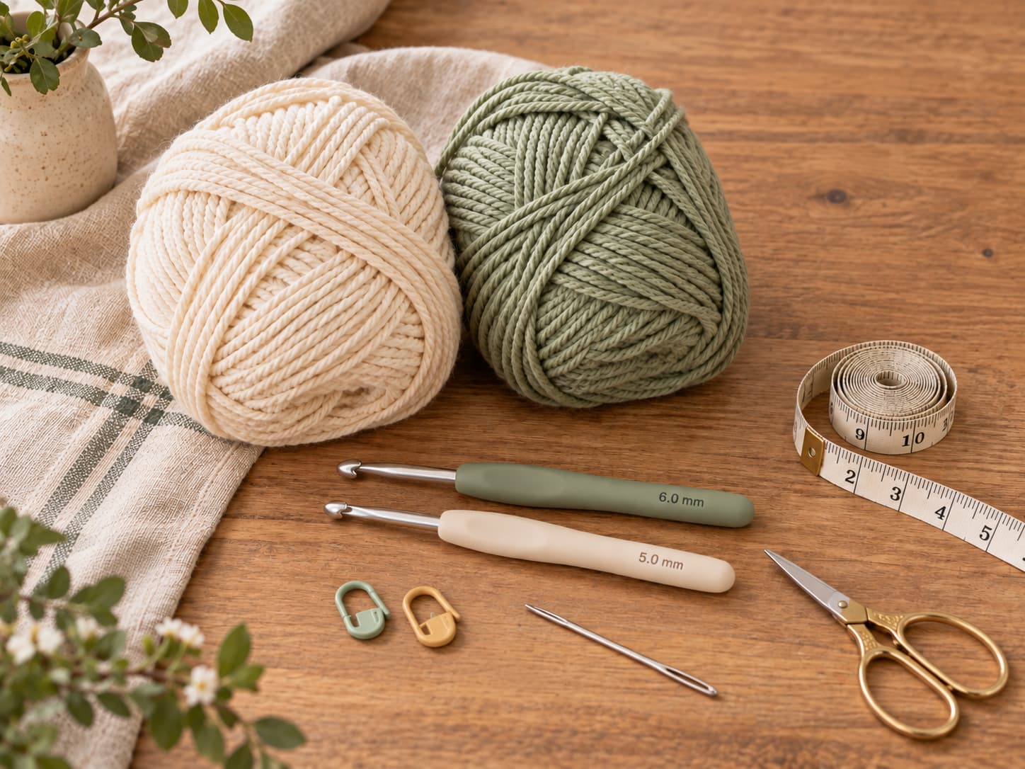 Warm cream and soft sage worsted yarn with crochet hooks, stitch markers, tapestry needle, scissors, and measuring tape