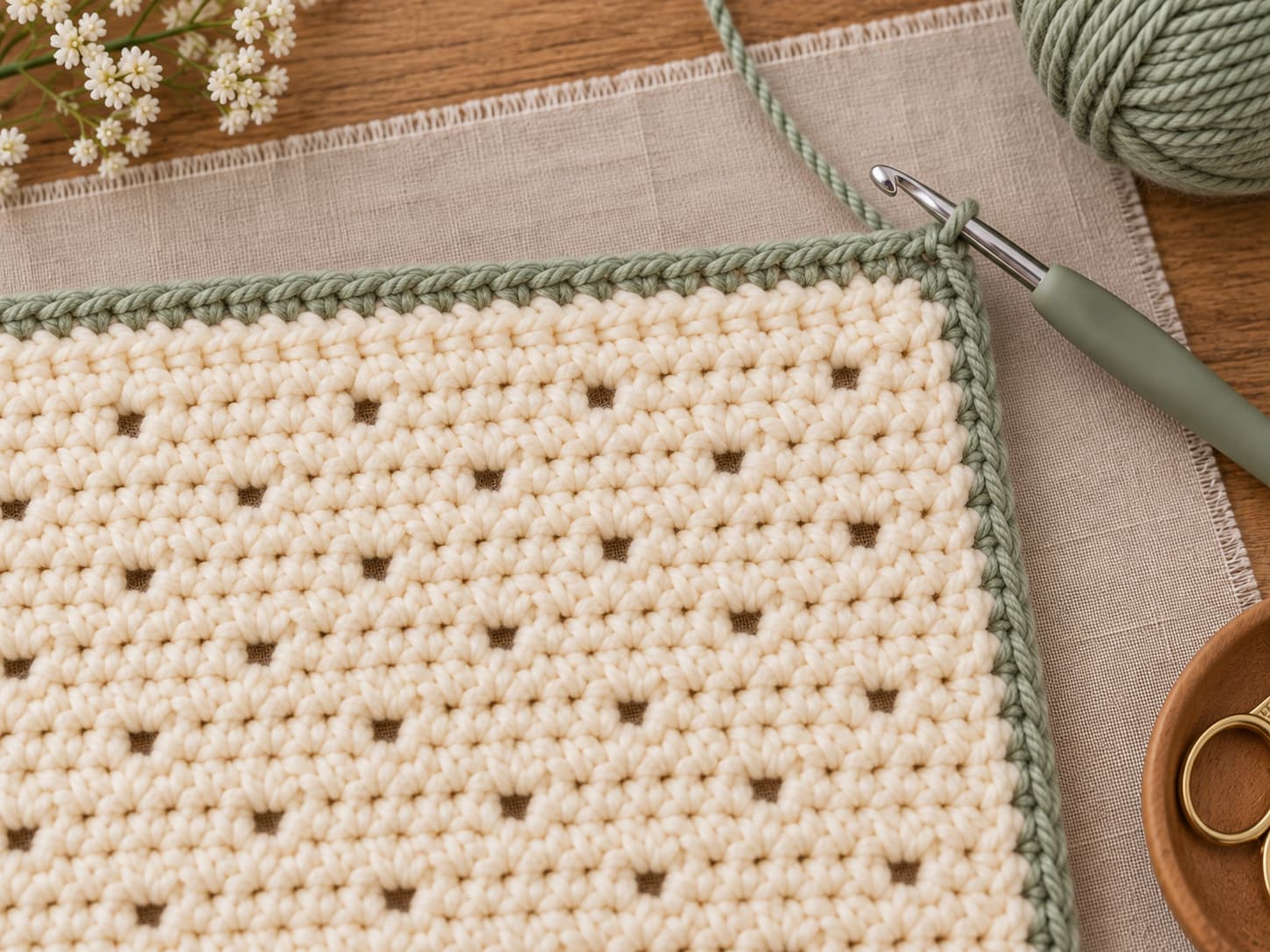 Soft sage single crochet border worked around the corner of the cream Garden Path throw blanket