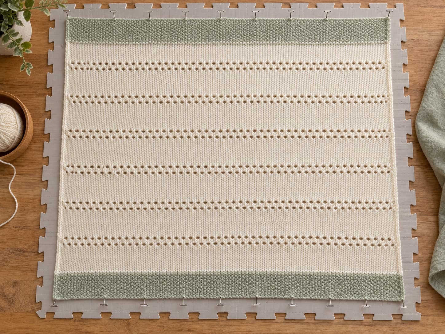 Finished cream knit baby blanket pinned flat for blocking, showing horizontal Cloud Nine eyelet rows and pale sage seed stitch borders.