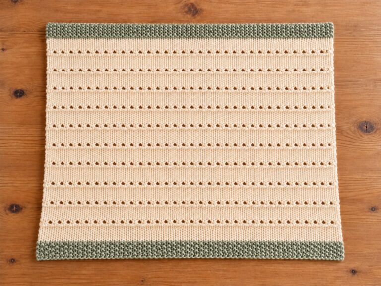 Finished cream knit baby blanket with evenly spaced horizontal Cloud Nine eyelet rows and pale sage seed stitch borders on a natural wood surface.