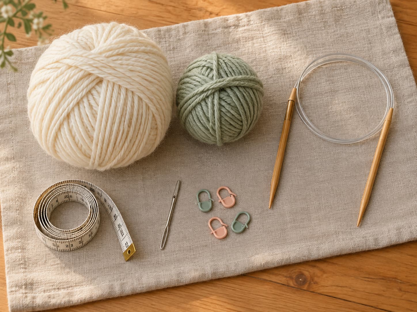 Worsted baby-safe yarn, circular knitting needles, tapestry needle, stitch markers, and measuring tape for an easy knit baby blanket.