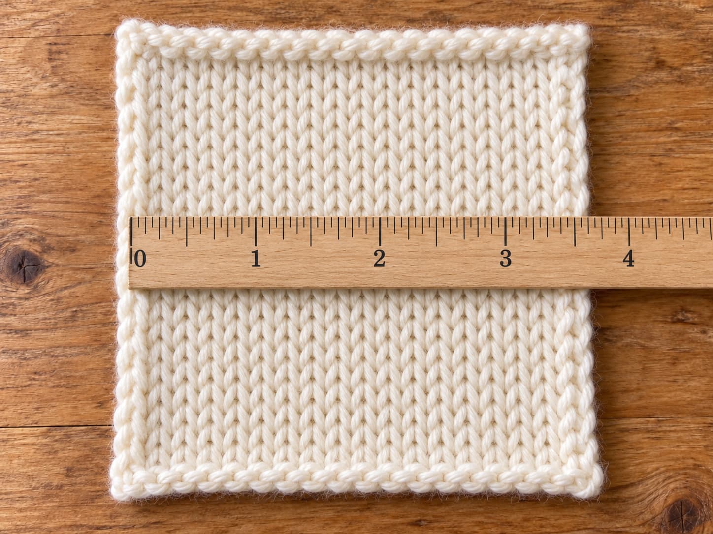 Stockinette gauge swatch measured for an easy knit baby blanket pattern with a ruler across the center.