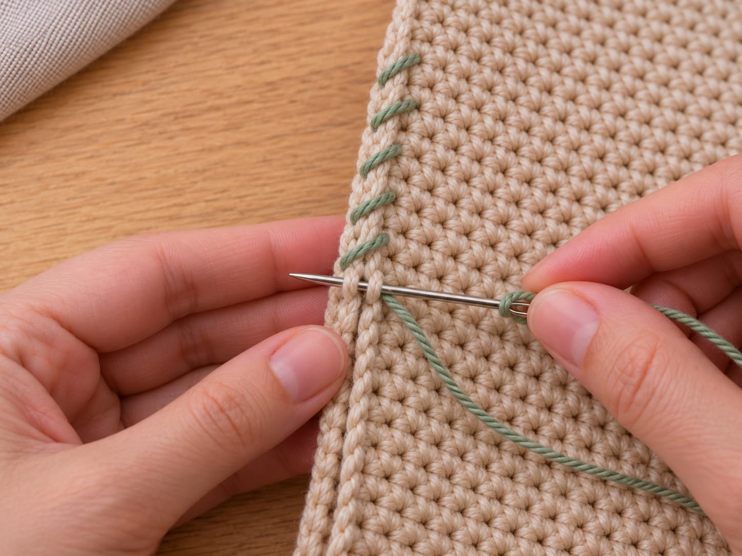 Hands making evenly spaced whip stitches through two aligned crochet edges