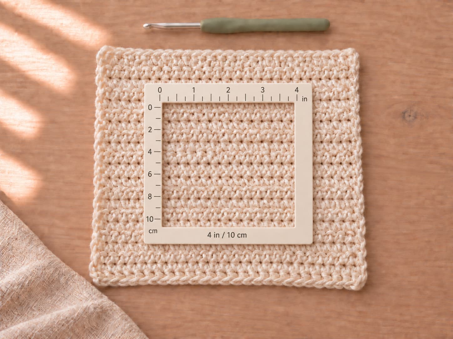 Half-double crochet gauge swatch measured for an easy crochet baby blanket pattern