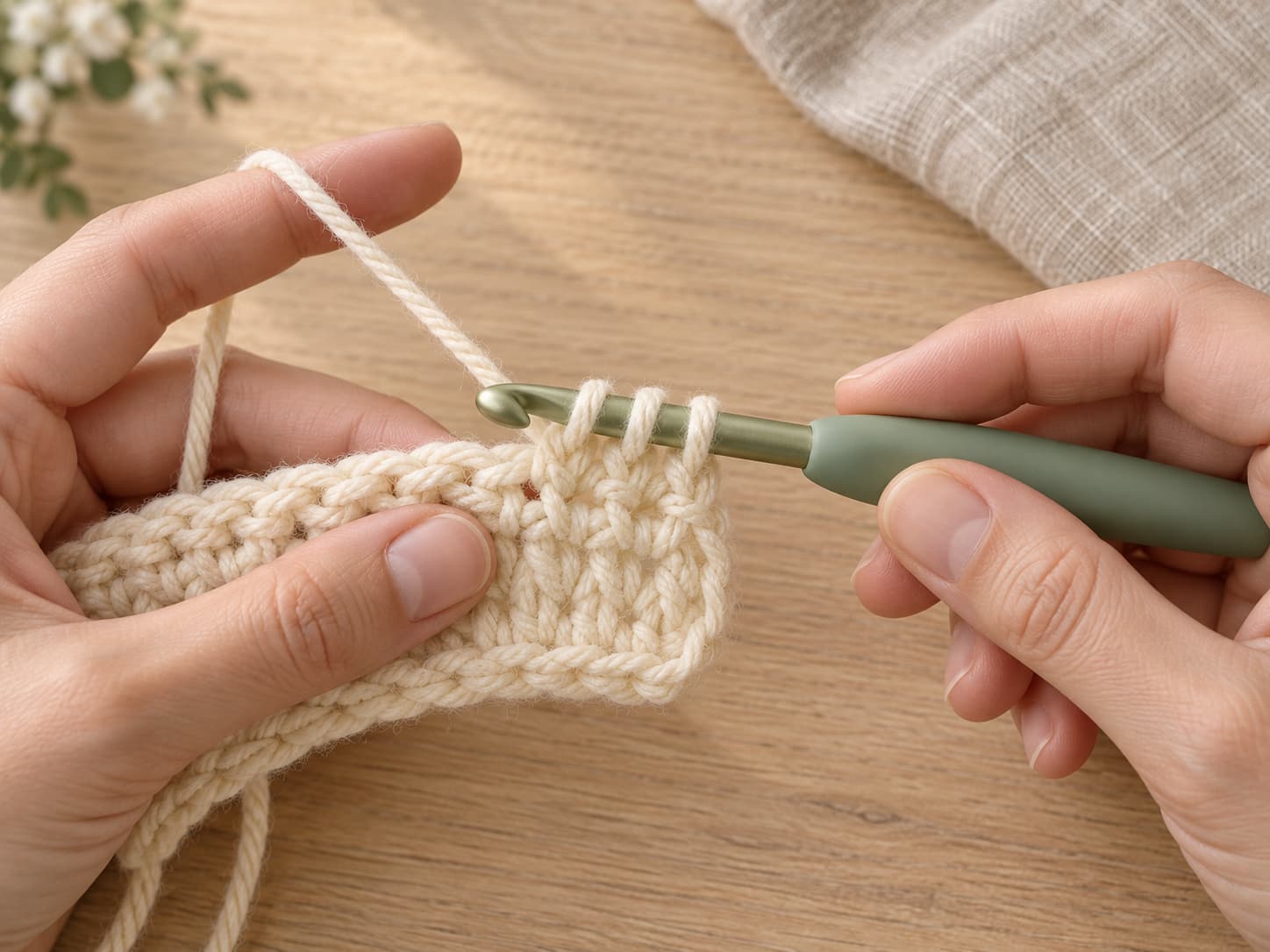 Hands making a half-double crochet stitch with warm ivory yarn