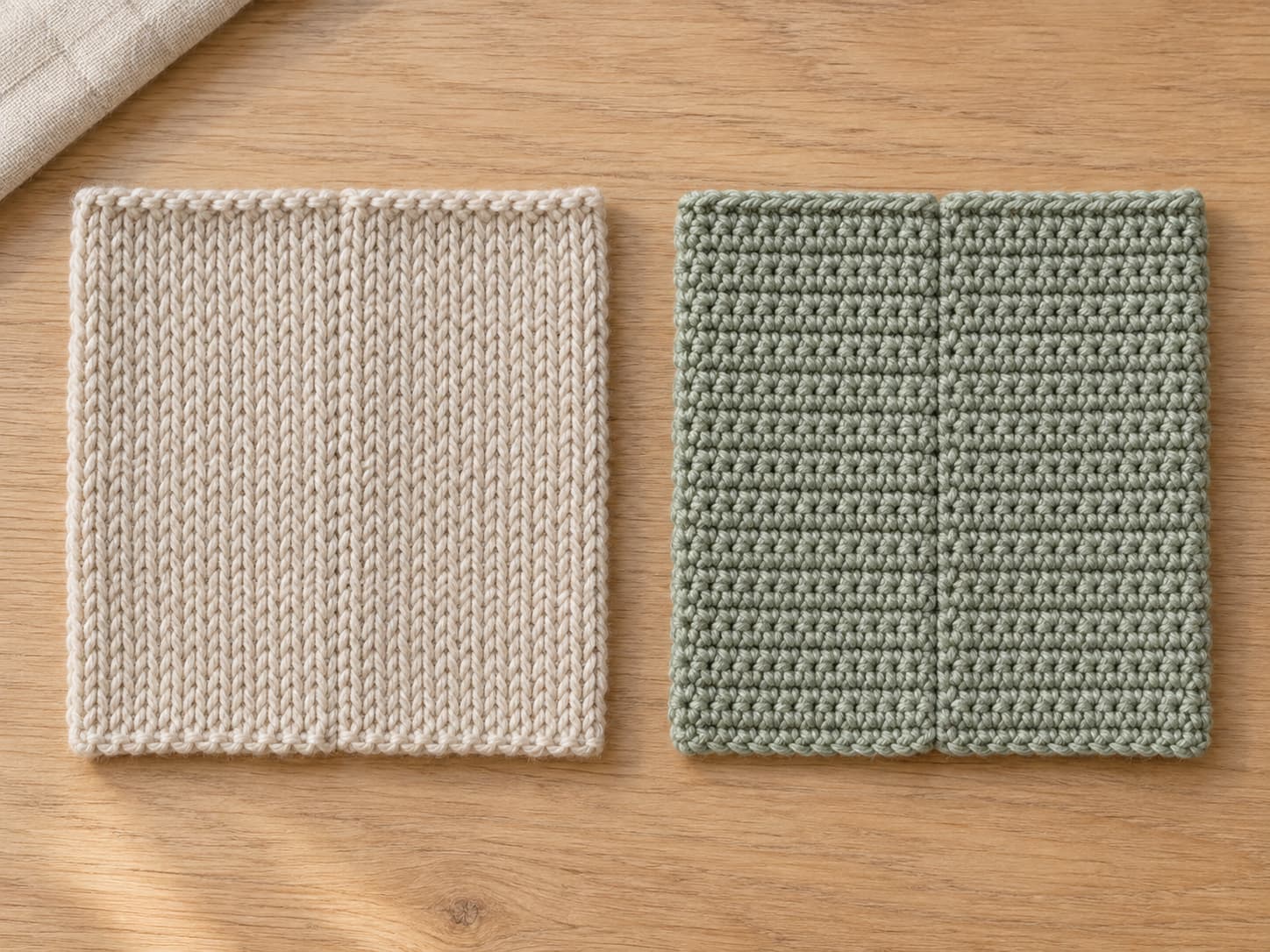 Finished knitted and crocheted panels joined with clean low-profile seams