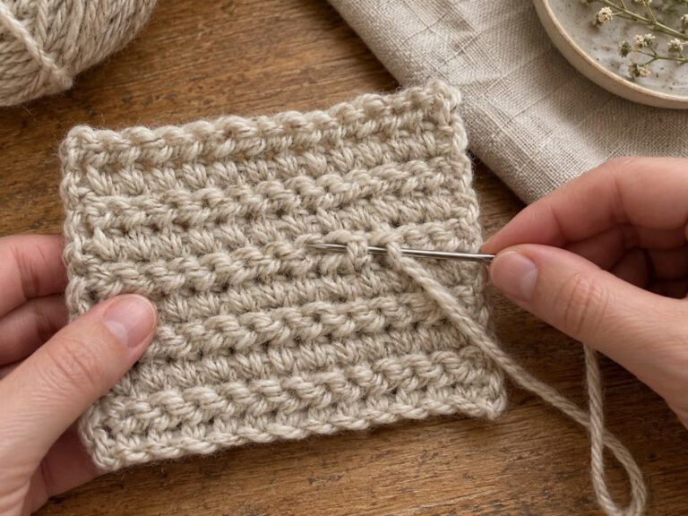 Tapestry needle weaving a yarn tail through the back of a finished warm oatmeal crochet swatch