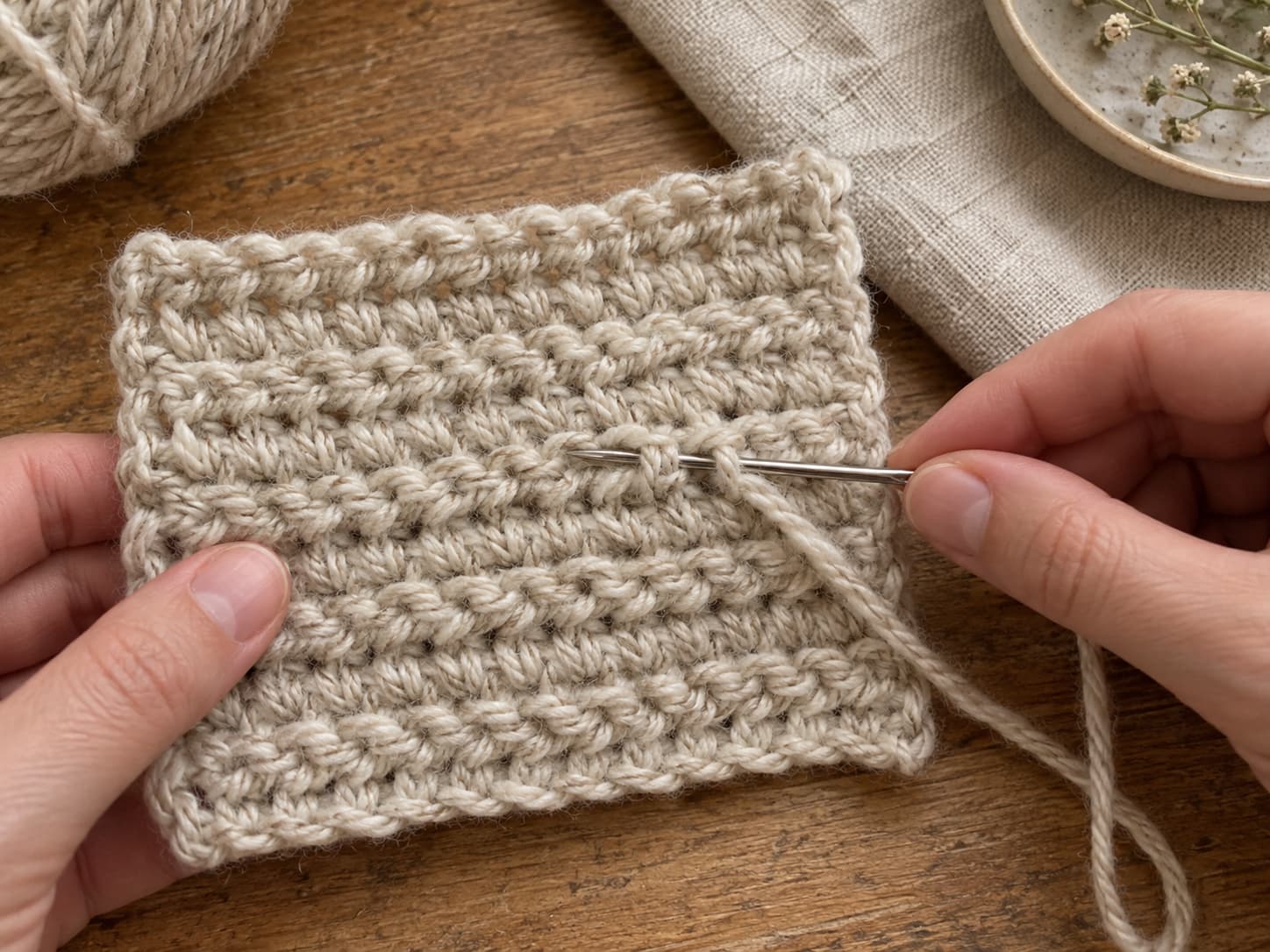 Tapestry needle weaving a yarn tail through the back of a finished crochet swatch