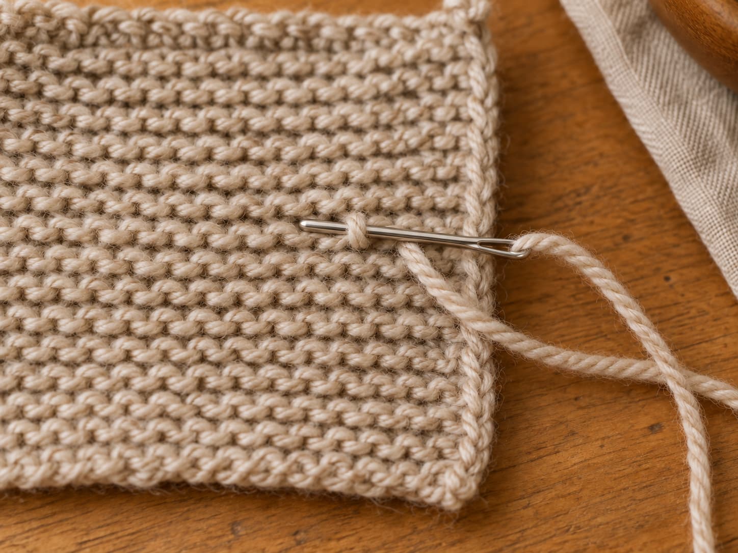 Tapestry needle following a purl bump on the wrong side of stockinette knitting