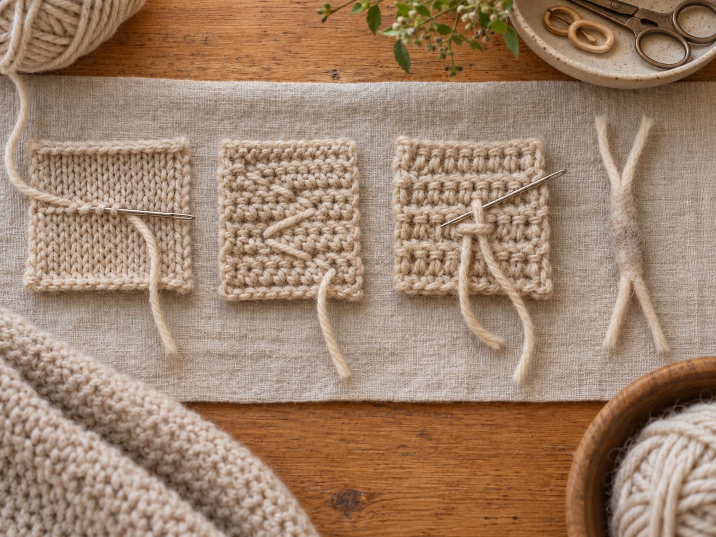 Side-by-side comparison of four ways to secure yarn tails on crochet and knitting swatches