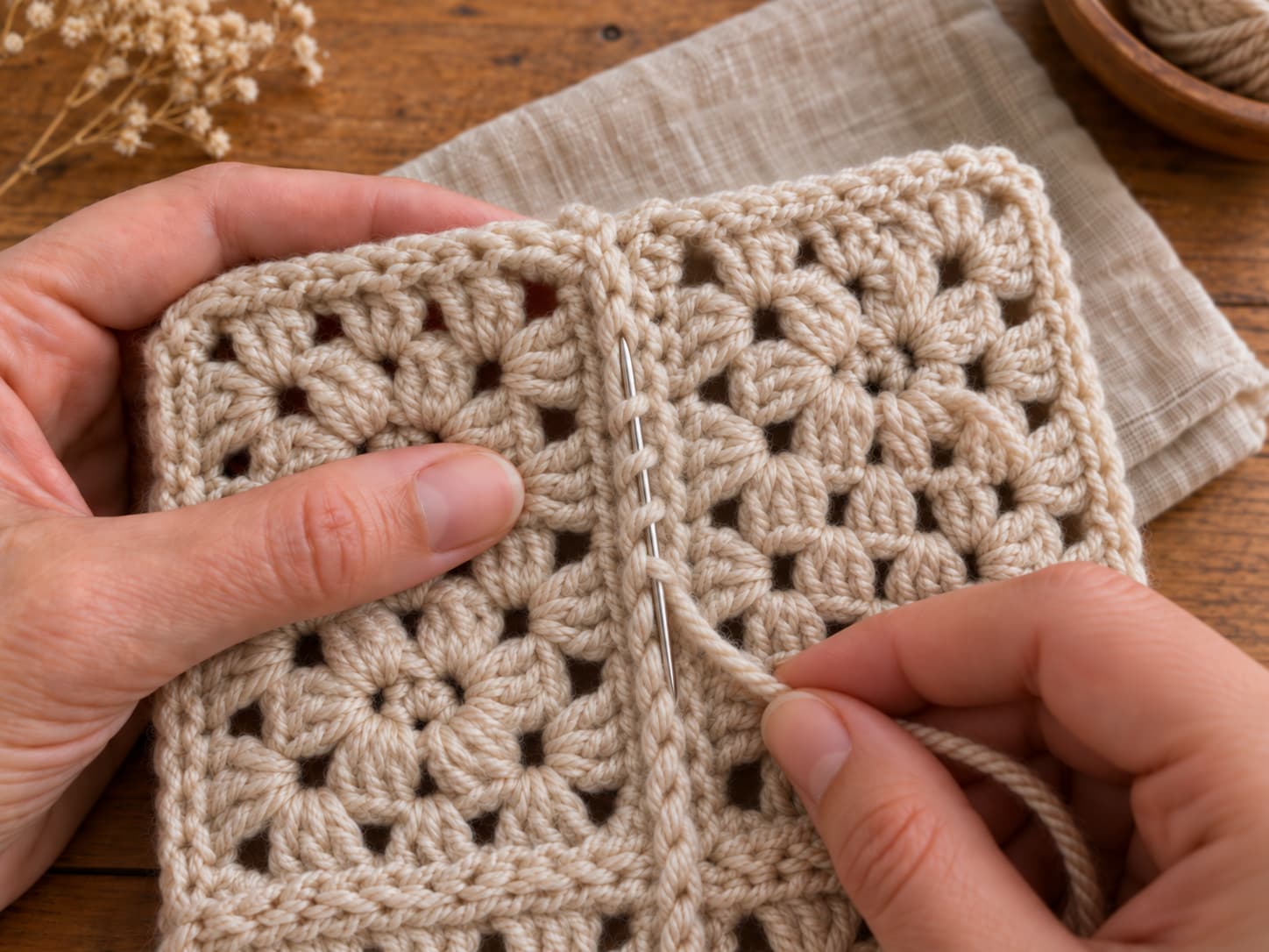 Tapestry needle weaving a yarn tail through the slip stitches of a granny square join seam