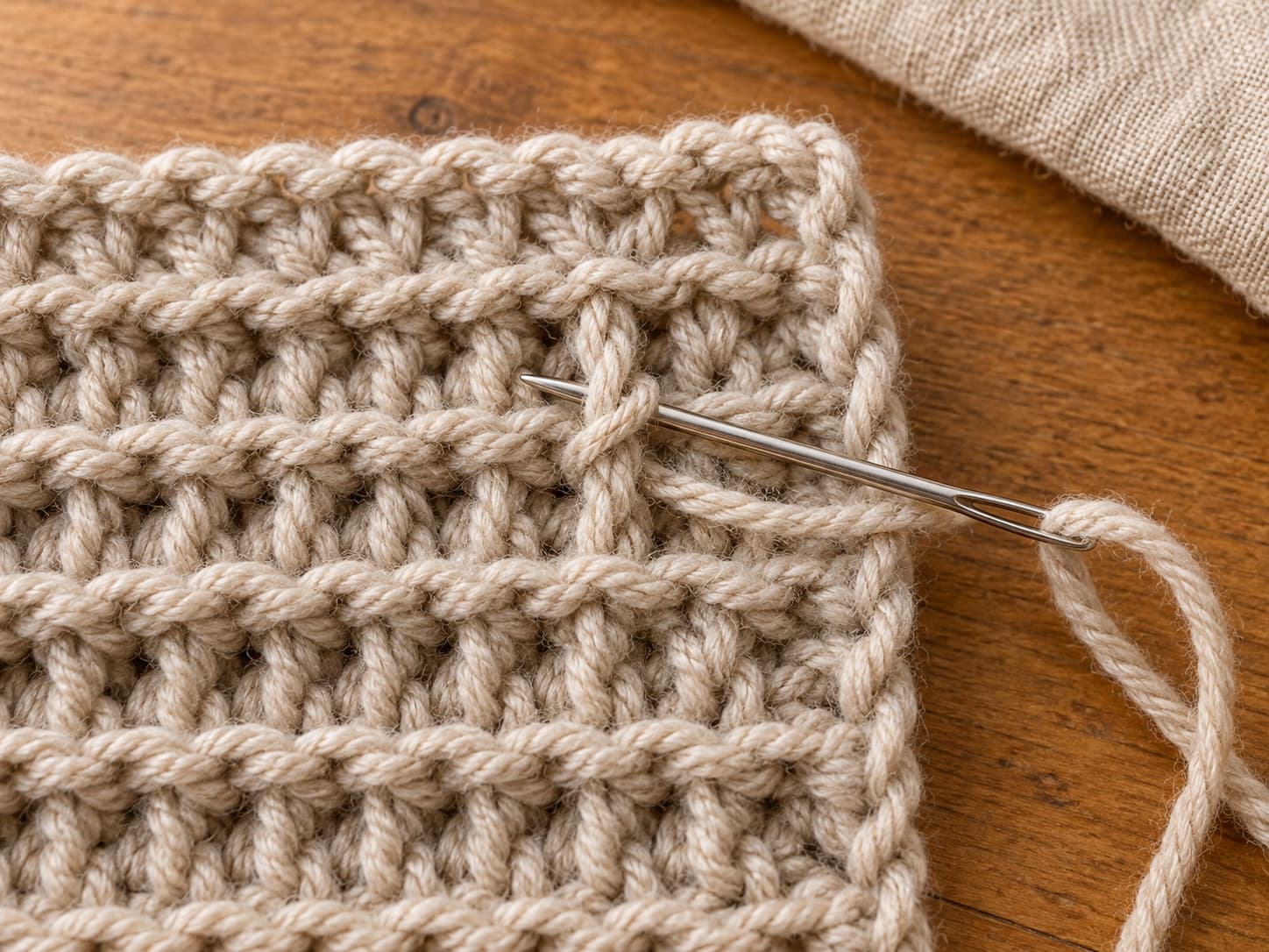 Tapestry needle wrapping a yarn tail around the post of a crochet stitch on the wrong side