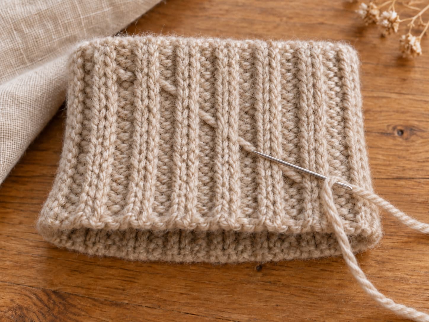 Yarn tail woven diagonally through the purl valleys of a ribbed knitting cuff