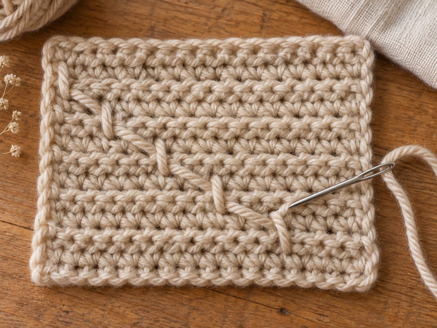 Yarn tail woven diagonally through the back of a crochet swatch in a zigzag path