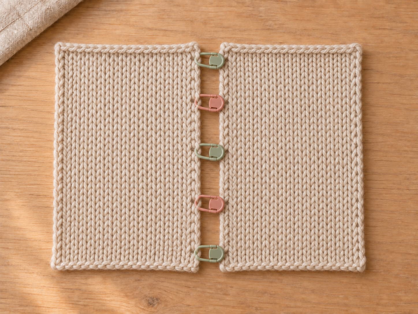 Two stockinette panels aligned row by row with locking stitch markers before seaming