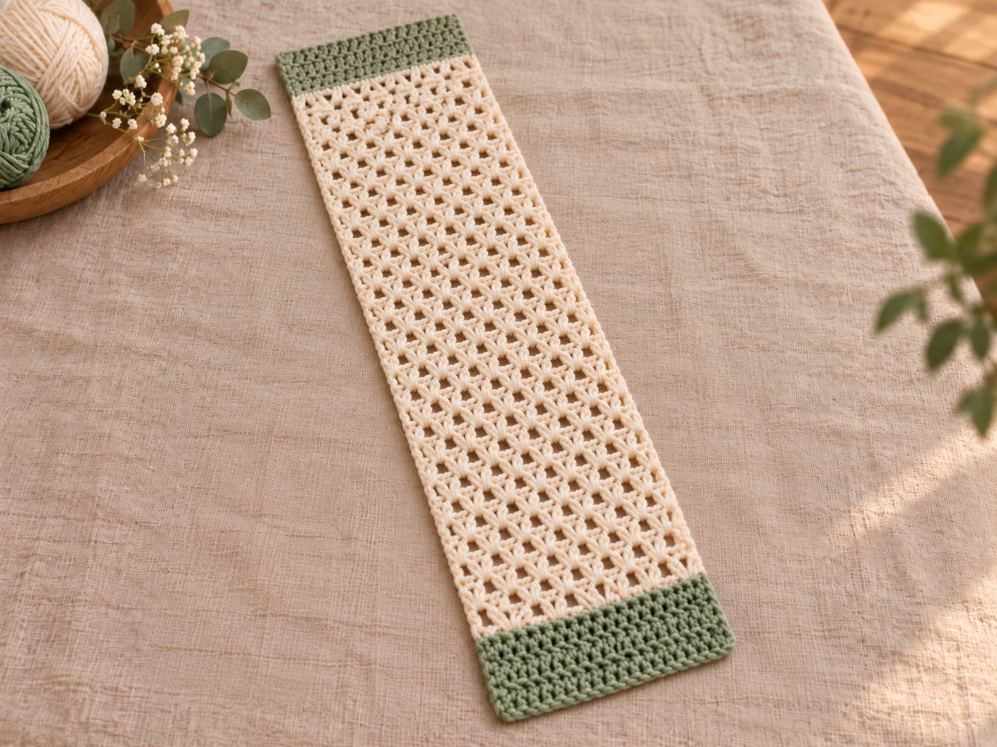Finished warm ivory and muted sage crochet scarf lying flat after gentle blocking