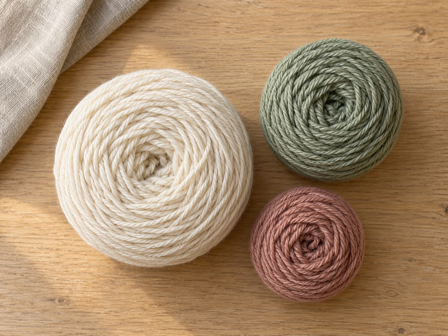 Warm ivory, muted sage, and clay rose worsted yarn arranged for the Lakeside scarf
