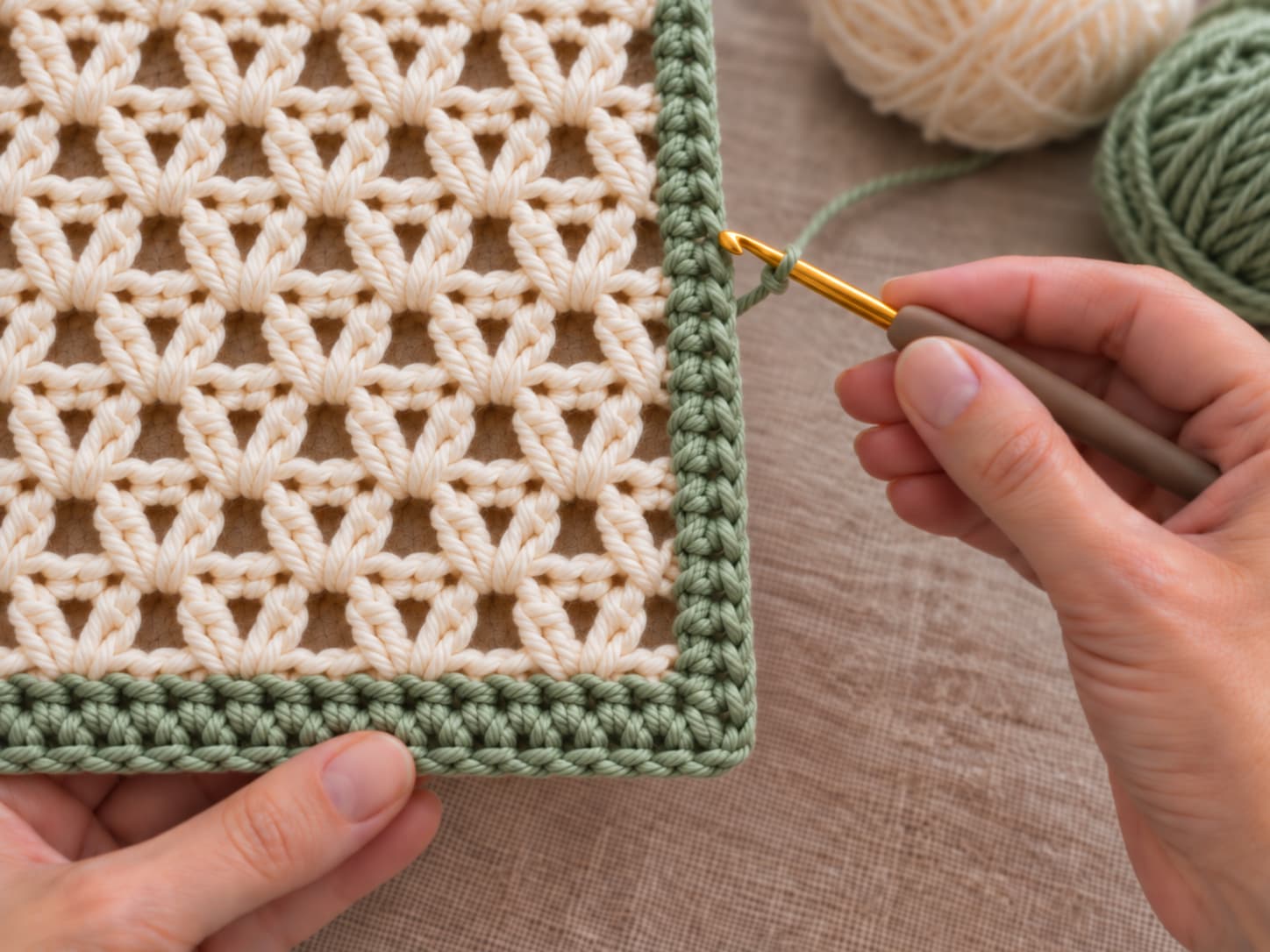 Single crochet border worked evenly along the side and corner of a V-stitch scarf