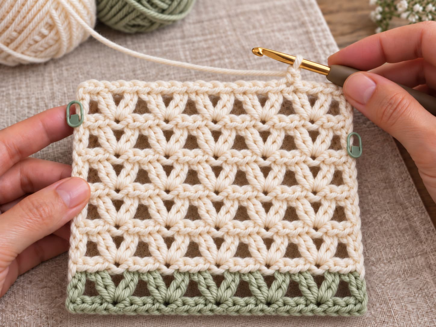 Lakeside V-stitch crochet scarf in progress with straight marked edges