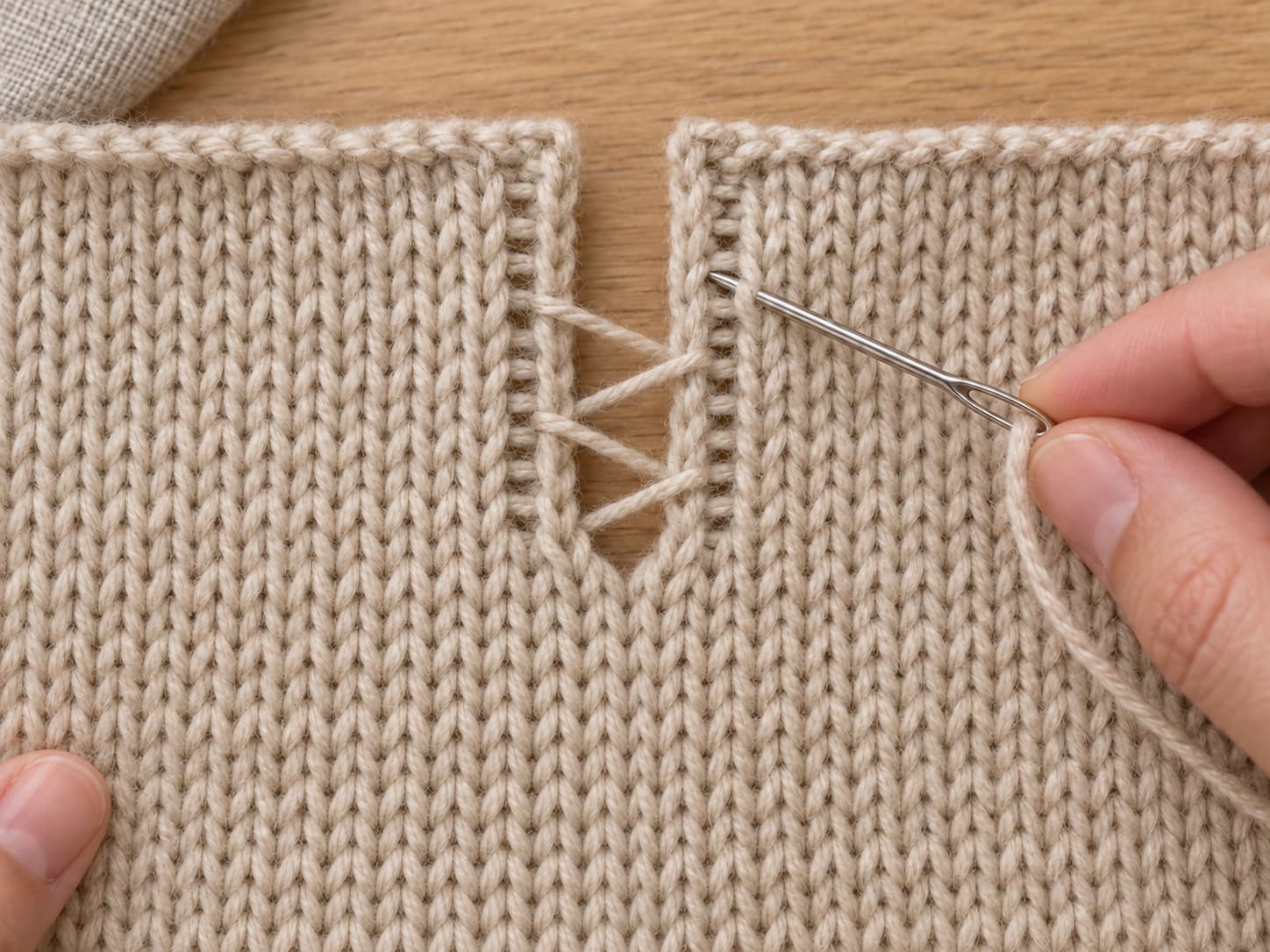 Tapestry needle picking up matching horizontal bars for knitting mattress stitch