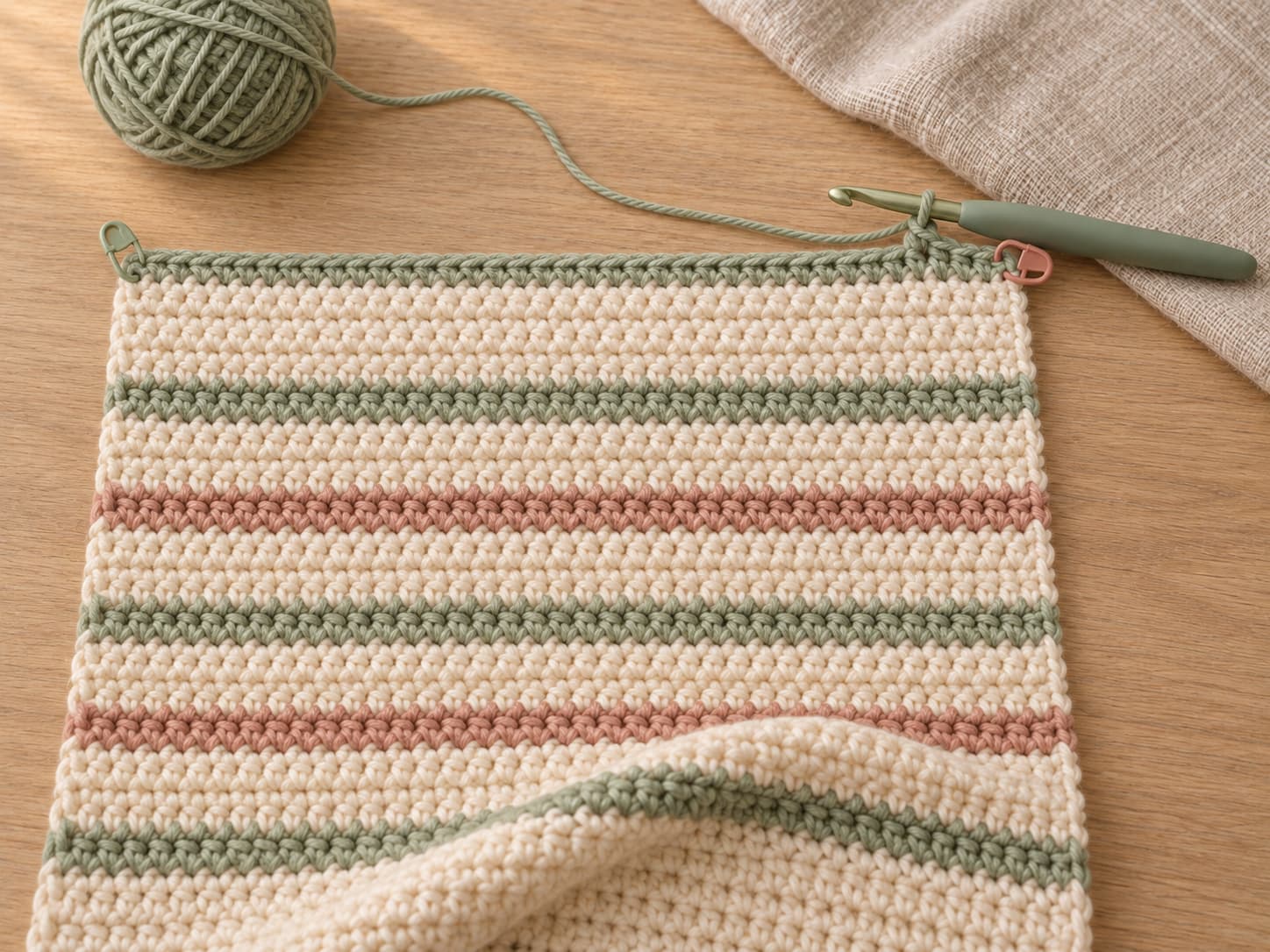 Meadow Stripe crochet baby blanket in progress with straight edges and stitch markers