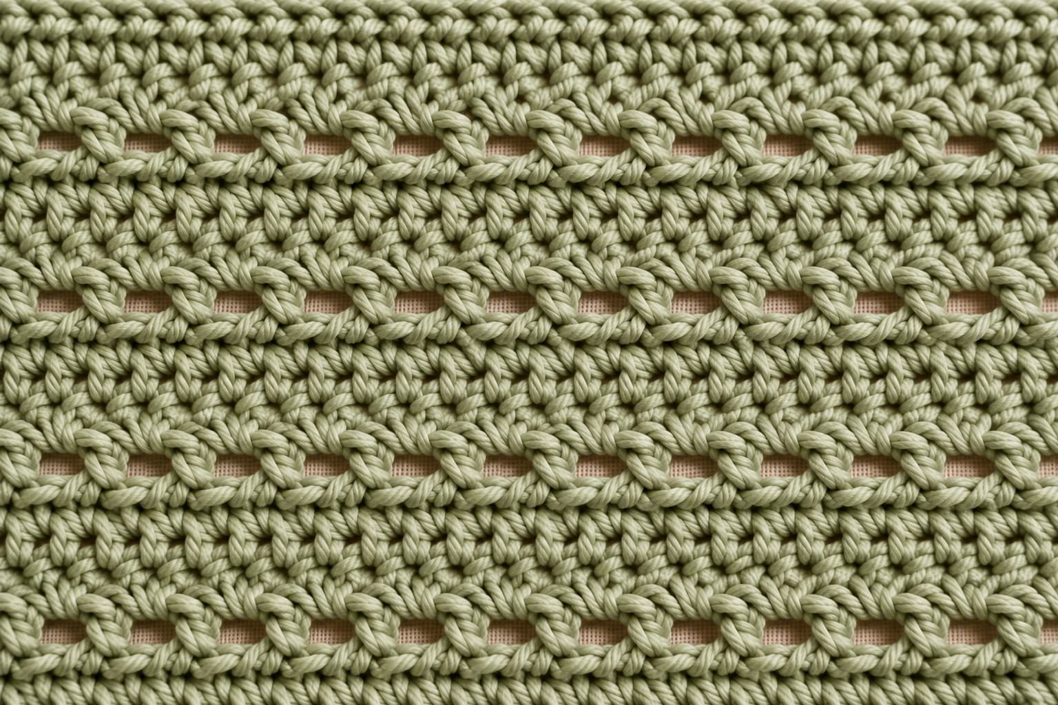 Close-up of the Meadow Stripe crochet stitch pattern showing alternating chain-one mesh rows and solid single crochet rows in warm sage yarn.