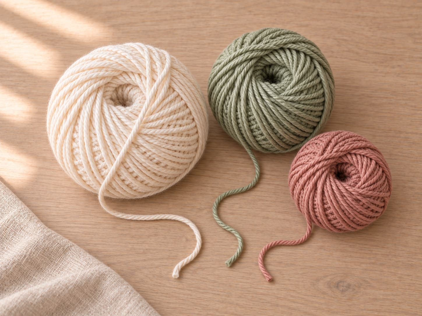 Warm ivory, muted sage, and clay rose yarn for the Meadow Stripe baby blanket