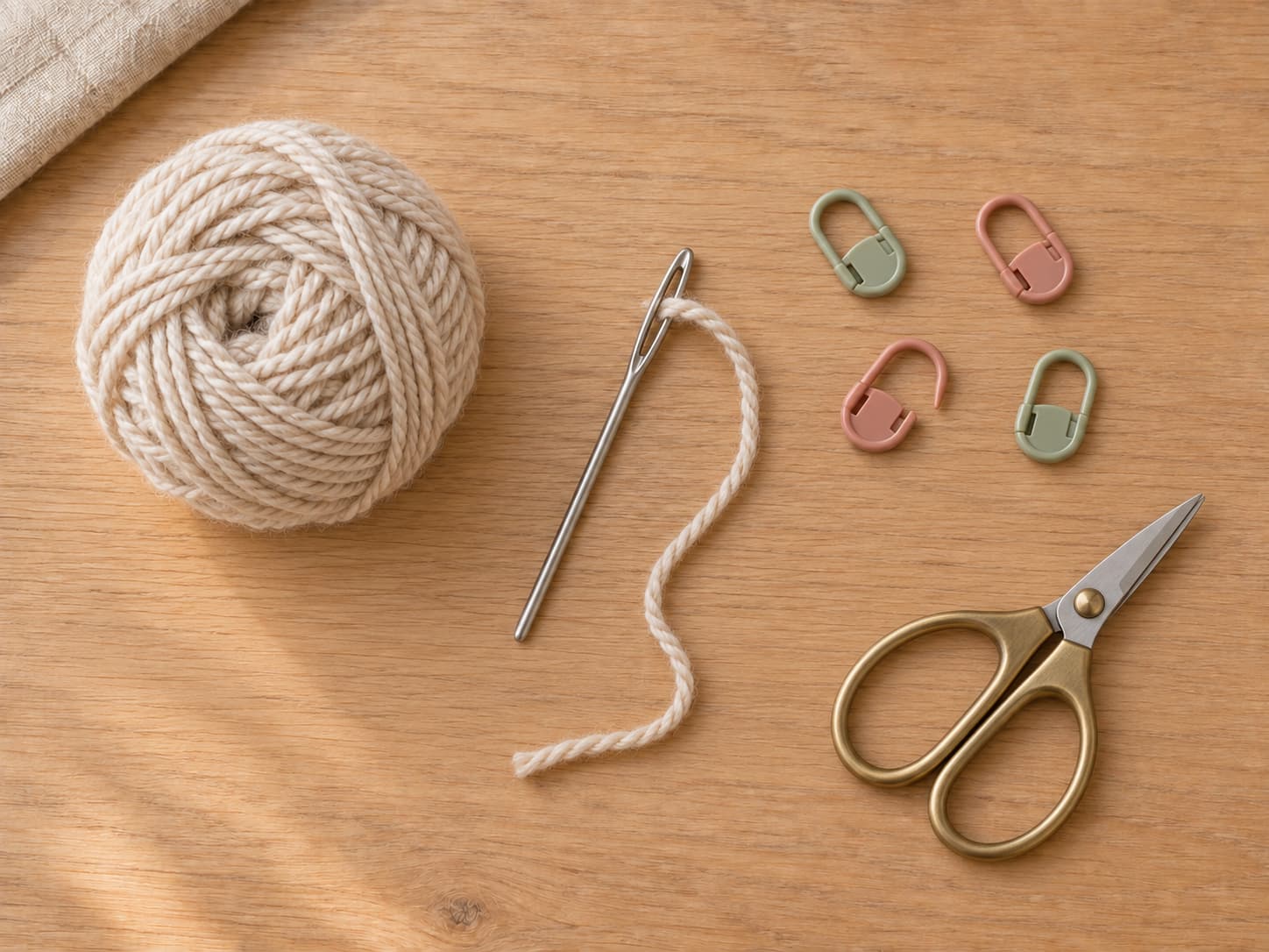 Blunt tapestry needle, matching yarn, locking stitch markers, and scissors for seaming